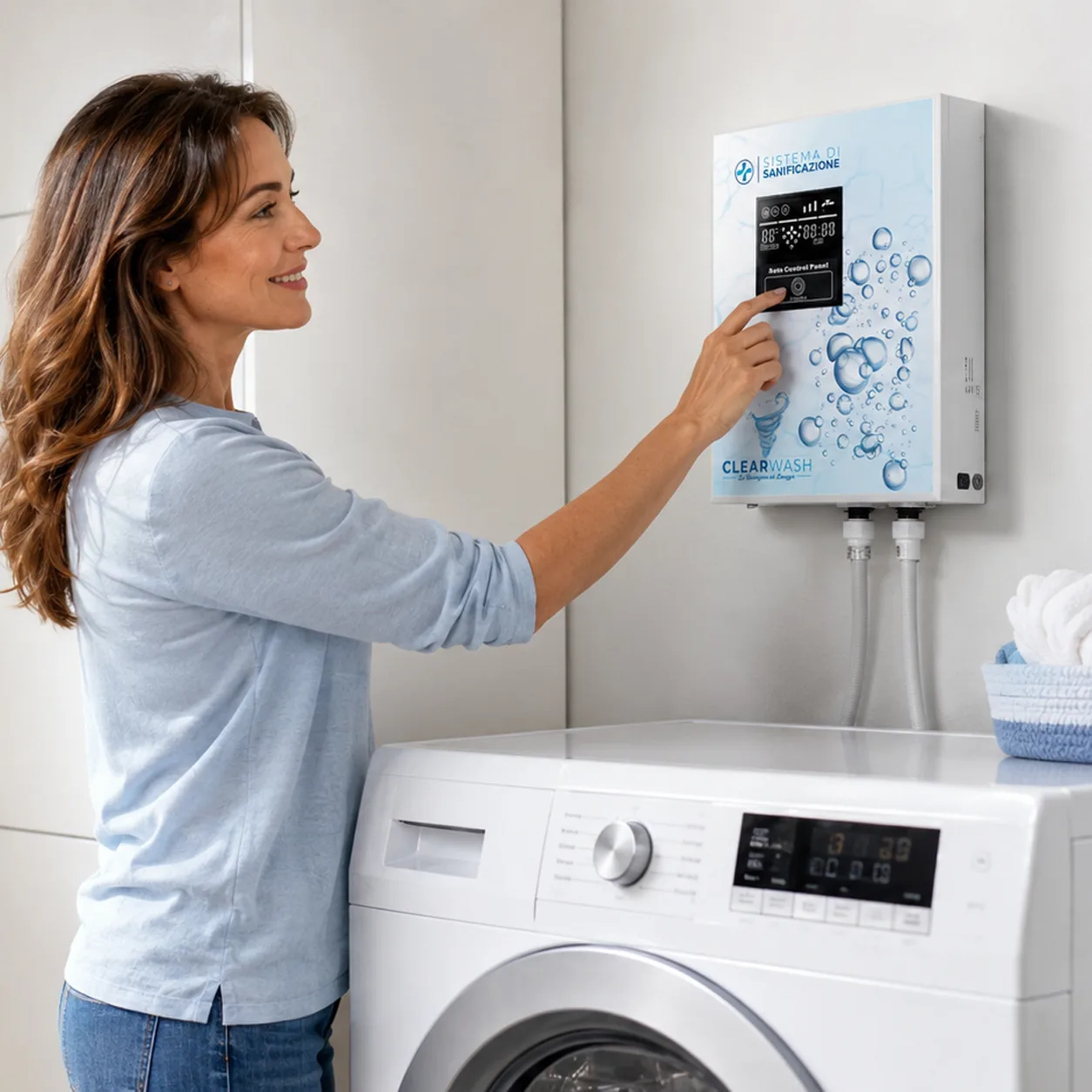 signora in lavanderia che usa il clearwash per ozonizzare i vestiti con la lavatrice