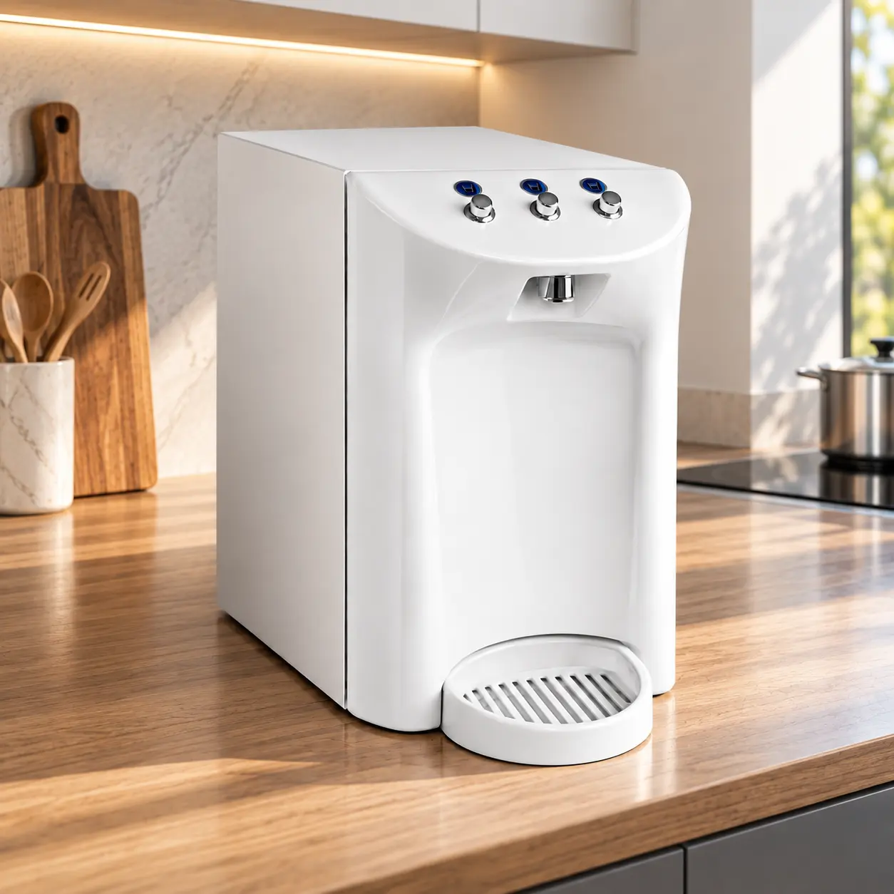 depuratore clearwater soprabanco bianco modello classico sopra una cucina classica. acqua liscia, fredda e frizzante