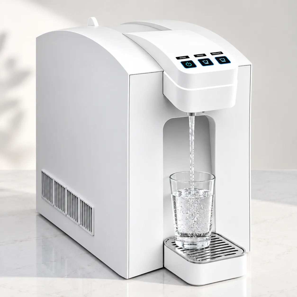 depuratore clearwater frigo gasatore con serbatoio esterno sopra cucina moderna per camper e uffici
