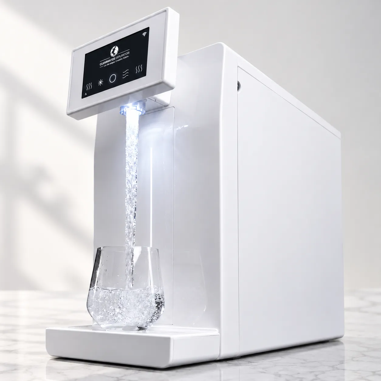 Depuratore frigo gas gold Clearwater bianco soprabanco in una cucina moderna con acqua liscia, fredda e frizzante.