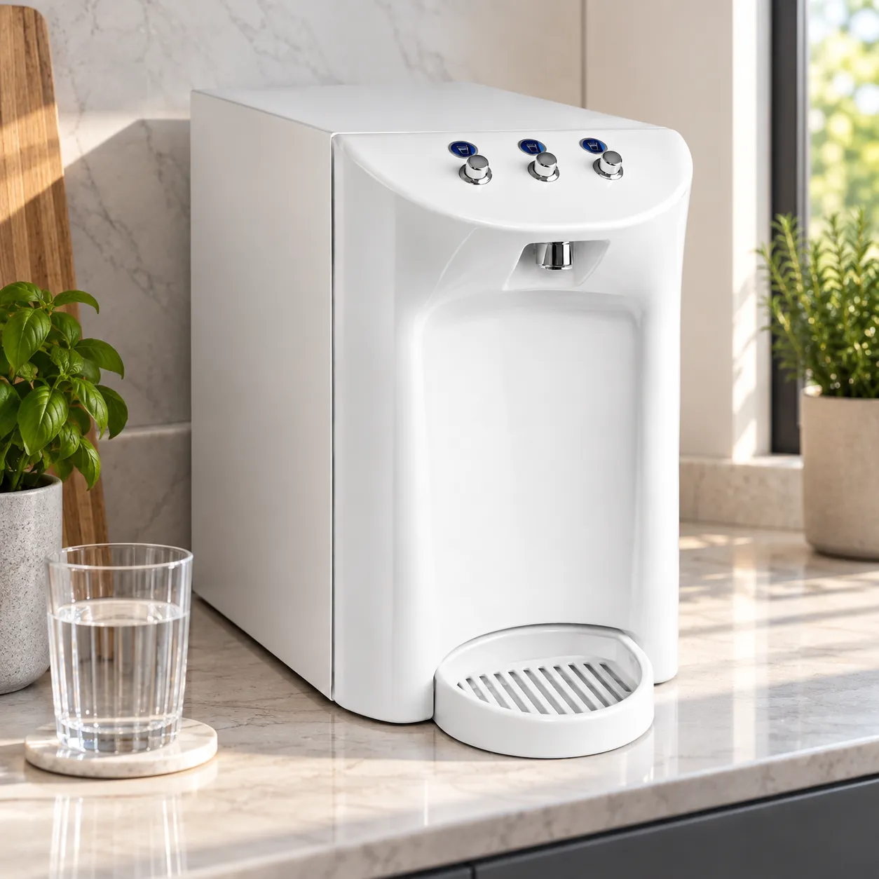depuratore clearwater soprabanco bianco modello classico sopra una cucina classica con bicchiere. acqua liscia, fredda e frizzante