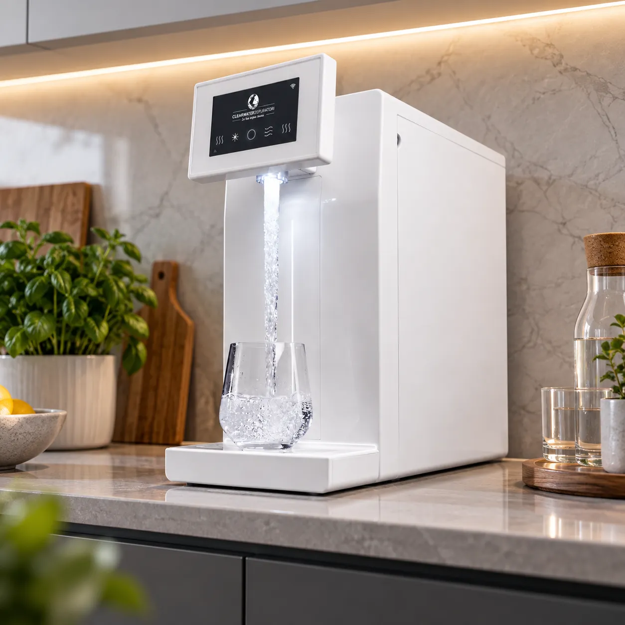Depuratore frigo gas touch Clearwater bianco soprabanco in una cucina moderna con acqua liscia, fredda e frizzante.