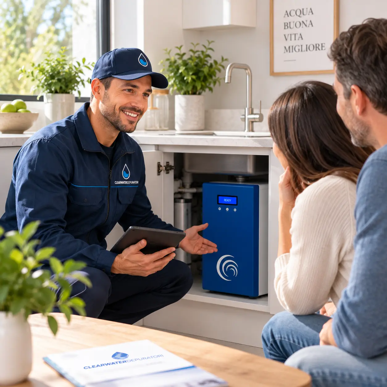tecnico clearwater per test gratuito dell'acqua e dimostrazione depuratore in cucina