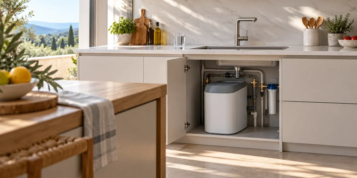 Addolcitore d'acqua installato nel mobile aperto sotto il lavello della cucina
