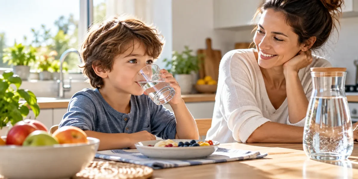 Bambino che beve un bicchiere d’acqua con la madre in cucina