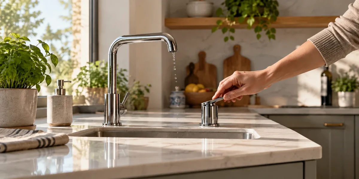 Mano che chiude il rubinetto della cucina per non sprecare acqua