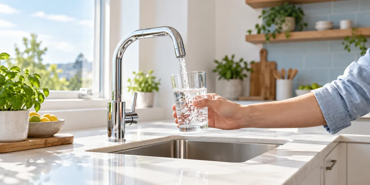 Persona che riempie un bicchiere con l'acqua del rubinetto in cucina