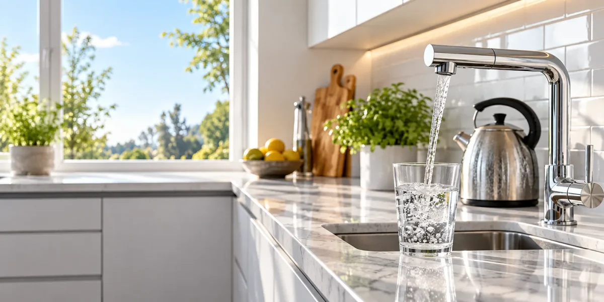 Acqua dura del rubinetto che riempie un bicchiere accanto al bollitore
