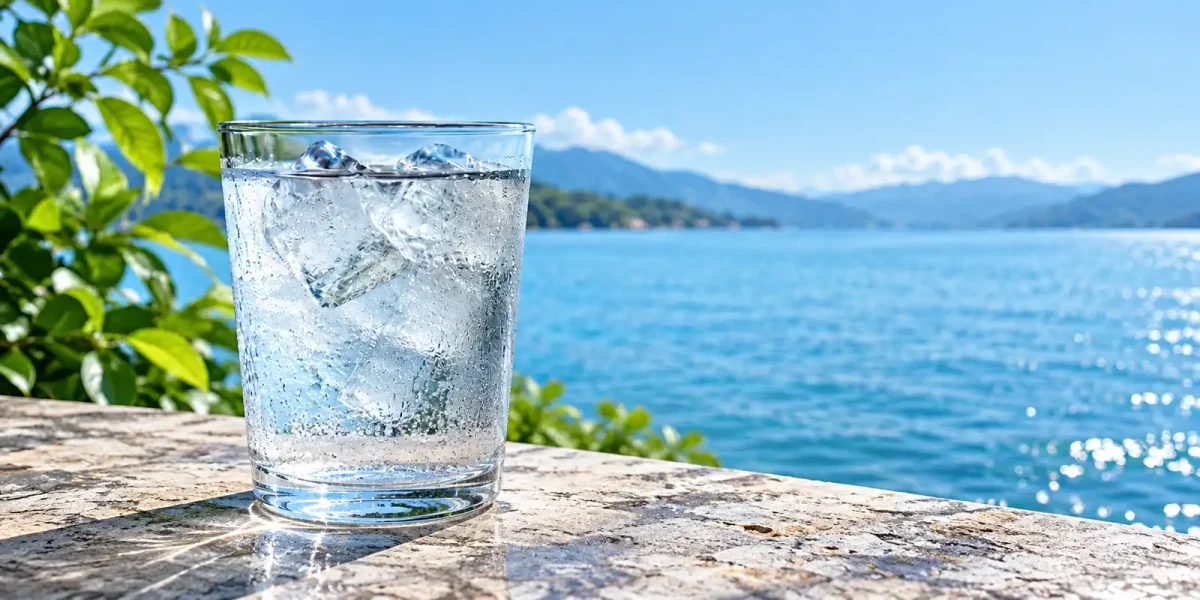 Bicchiere di acqua fredda con cubetti di ghiaccio su un muretto davanti al lago