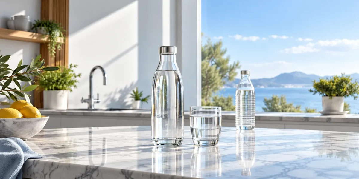 Bottiglie d'acqua di vetro e di plastica e un bicchiere sul piano della cucina