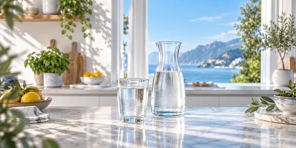 Caraffa e bicchiere di acqua leggera sul piano della cucina vista mare