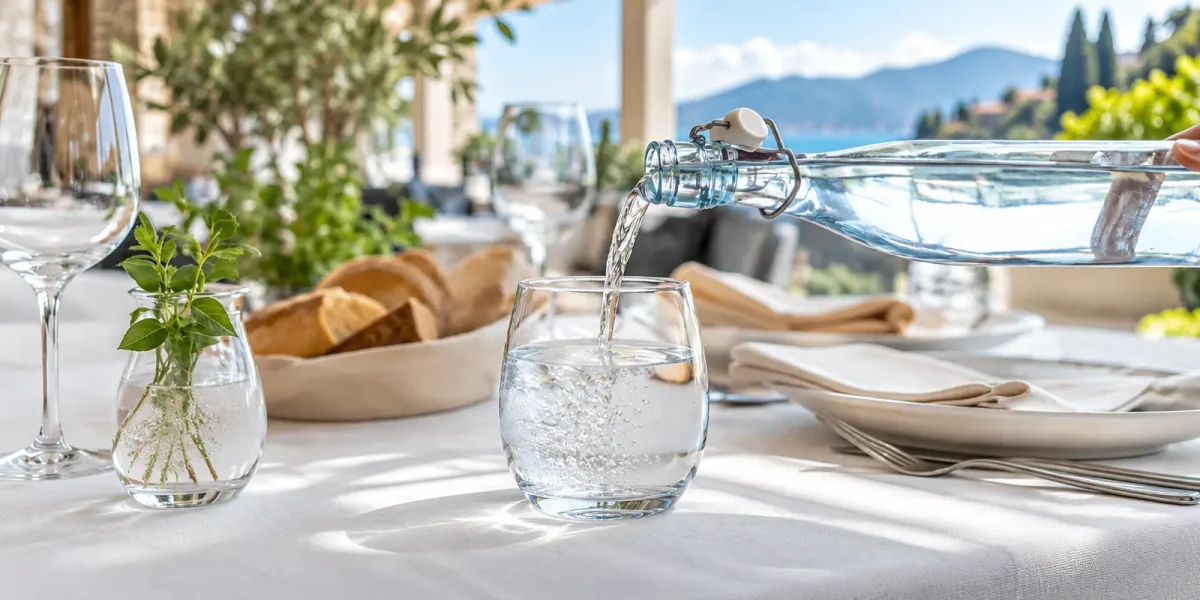 Acqua microfiltrata versata da una bottiglia di vetro in un bicchiere su una tavola apparecchiata