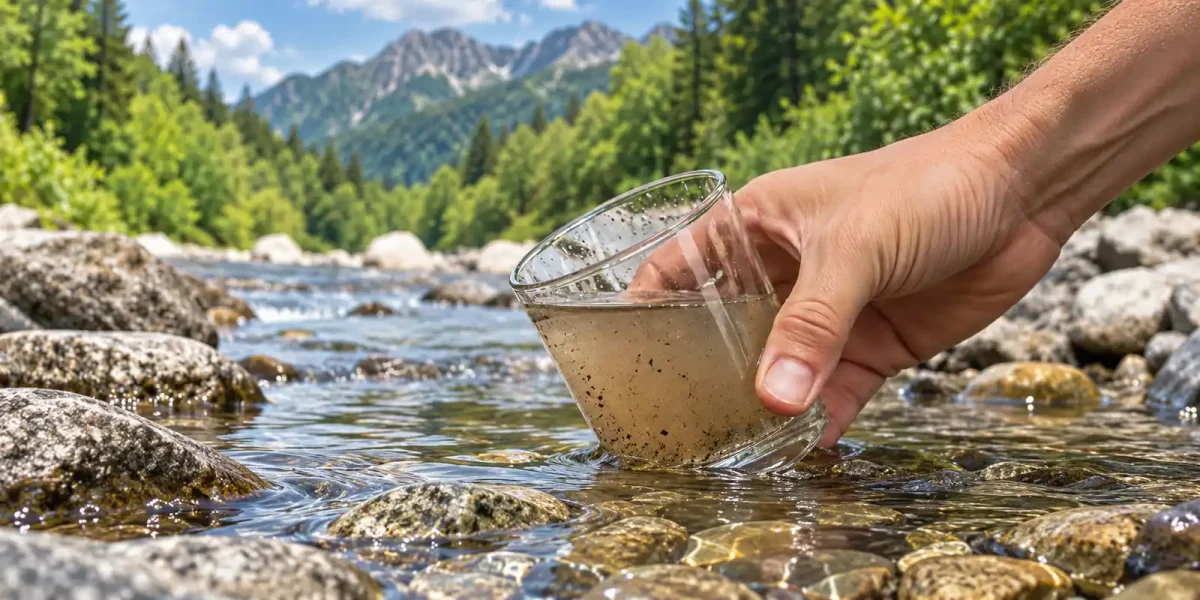 Mano che raccoglie acqua torbida da un torrente di montagna con un bicchiere
