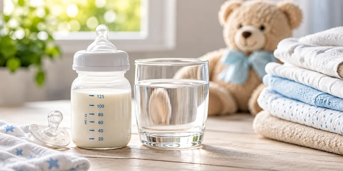 Biberon di latte e bicchiere d'acqua sul tavolo accanto a un ciuccio e a un orsacchiotto