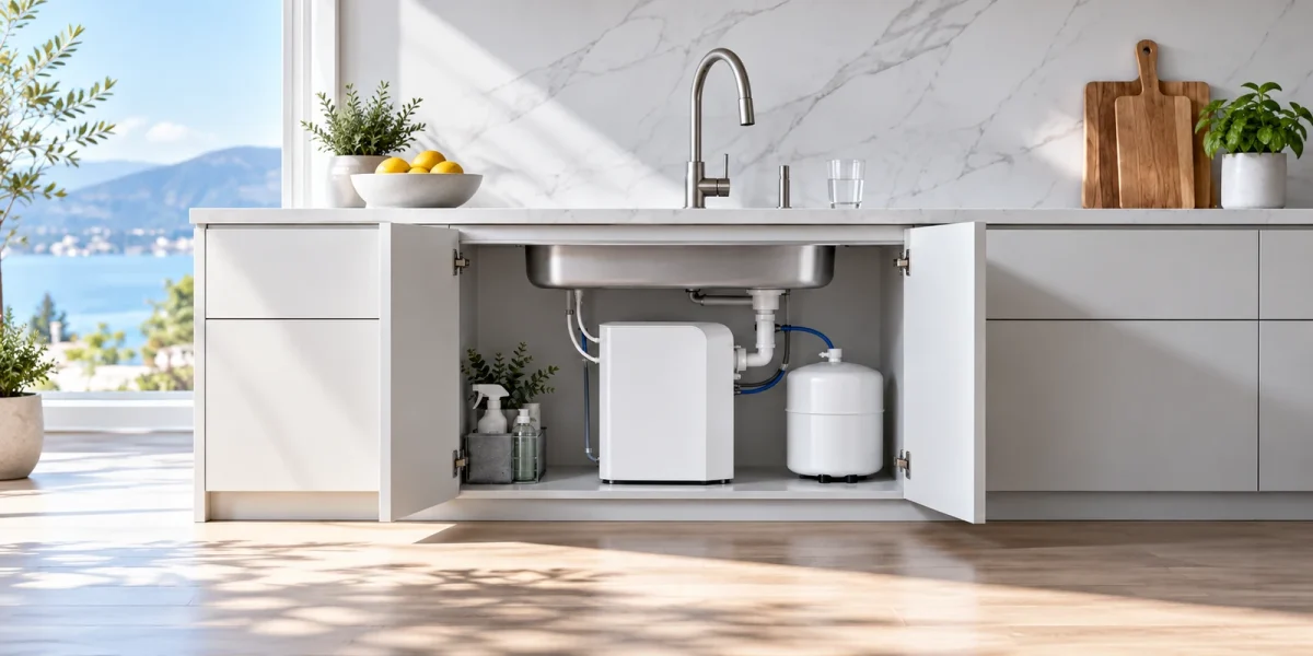 Depuratore a osmosi inversa installato nel mobile aperto sotto il lavello della cucina