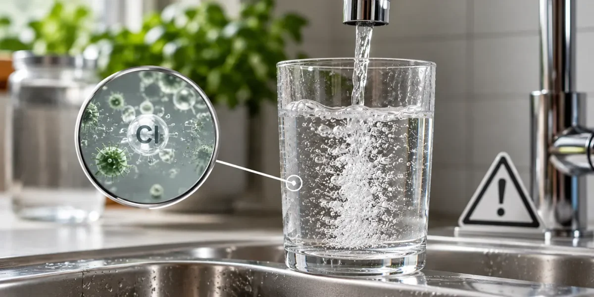 Acqua del rubinetto che riempie un bicchiere, con una lente sul cloro e un cartello di attenzione