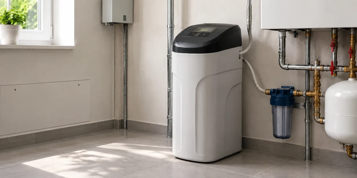Addolcitore d'acqua con filtro installato accanto alla caldaia in un locale tecnico