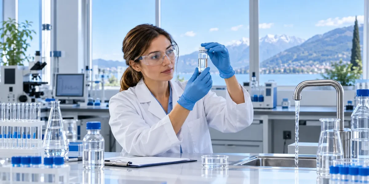 Ricercatrice in laboratorio che esamina una provetta di acqua del rubinetto