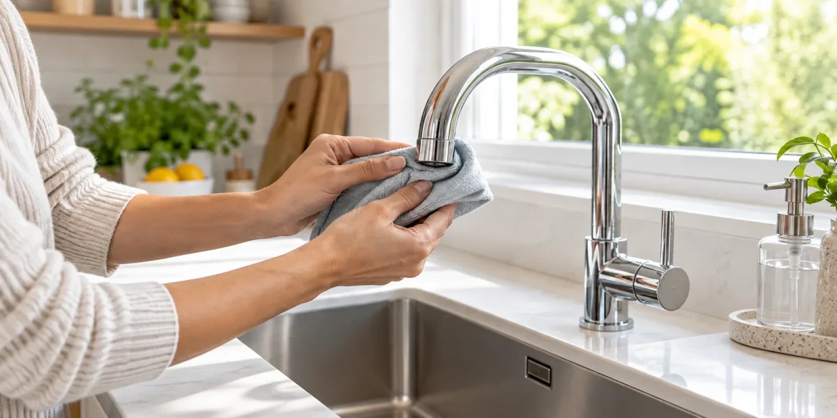 Mani che puliscono il rubinetto della cucina con un panno