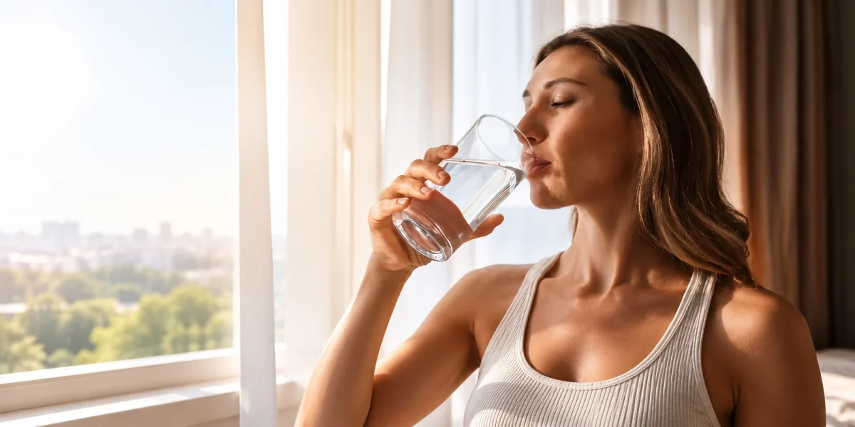 Donna che beve un bicchiere d'acqua al mattino vicino alla finestra