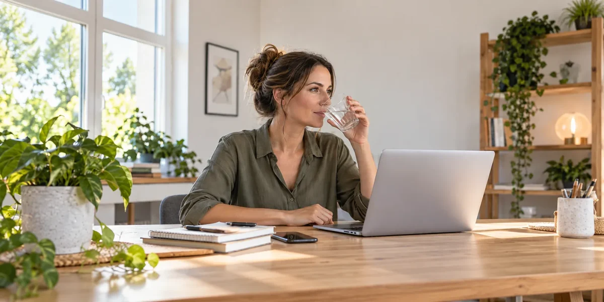 Donna al computer che beve un bicchiere d'acqua mentre lavora