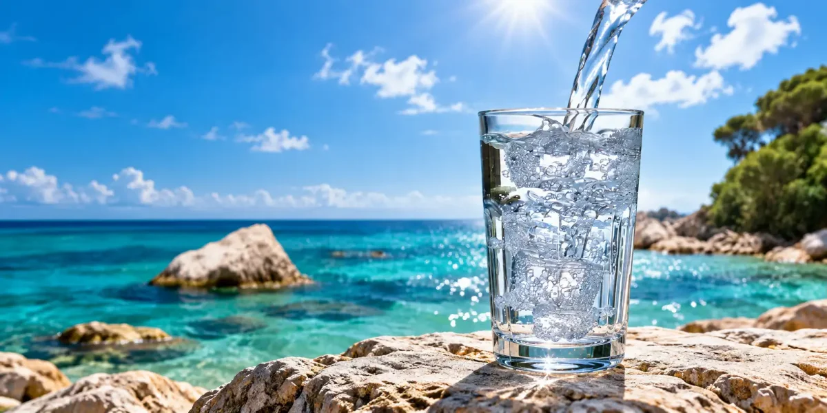 Acqua fredda versata in un bicchiere con ghiaccio su uno scoglio in riva al mare