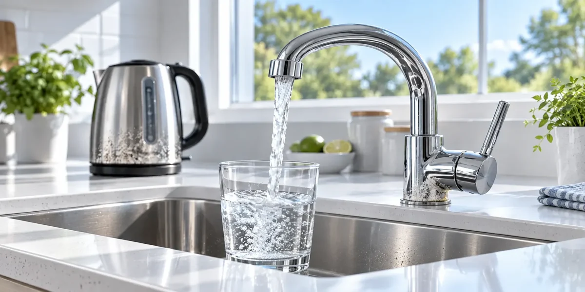 Acqua del rubinetto con calcare che riempie un bicchiere accanto al bollitore