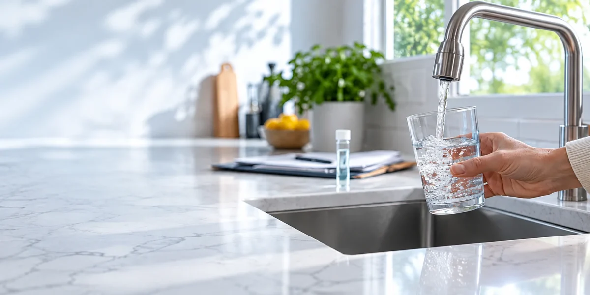 Mano che preleva un campione d'acqua dal rubinetto, con provetta e moduli di controllo sul piano