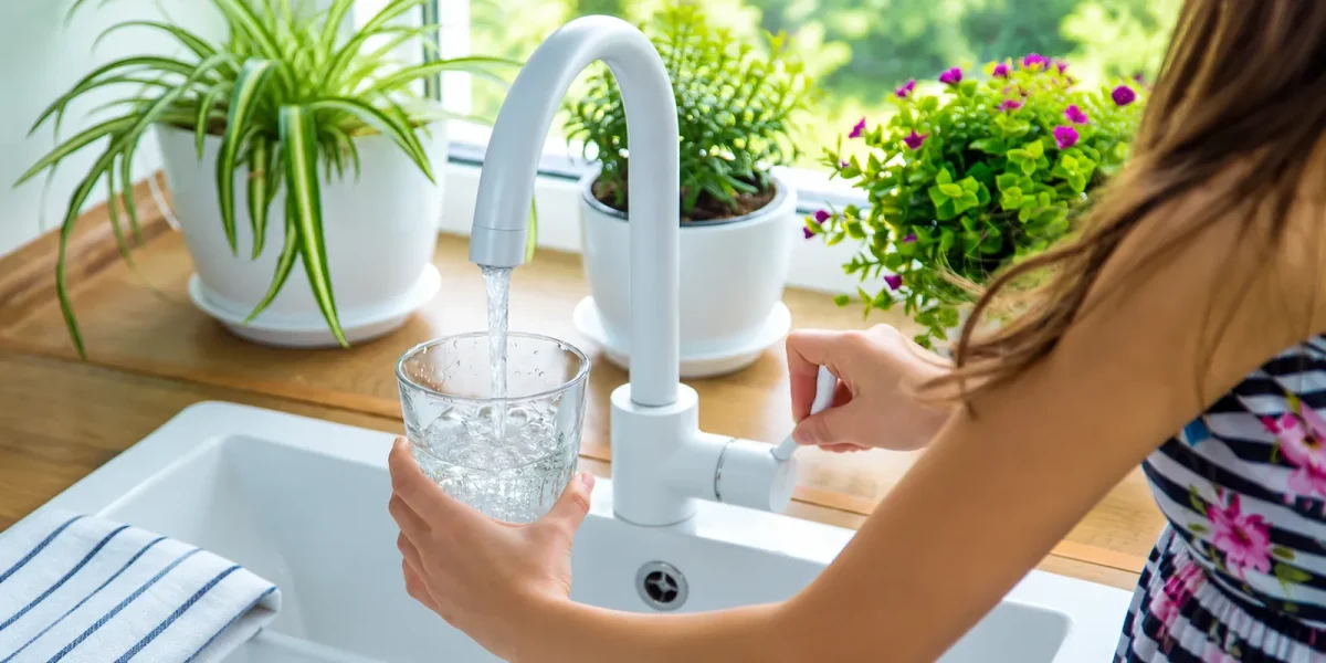 Ragazza che riempie un bicchiere d'acqua al rubinetto della cucina