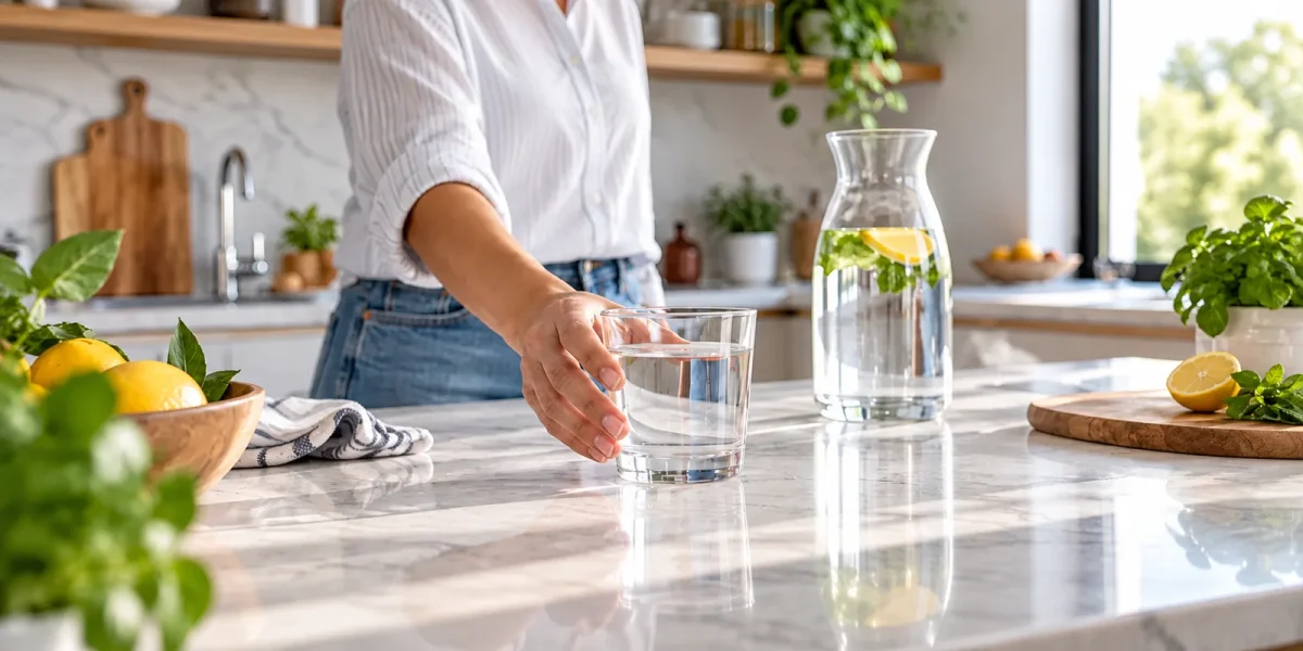 Donna che prende un bicchiere d'acqua accanto a una caraffa con limone