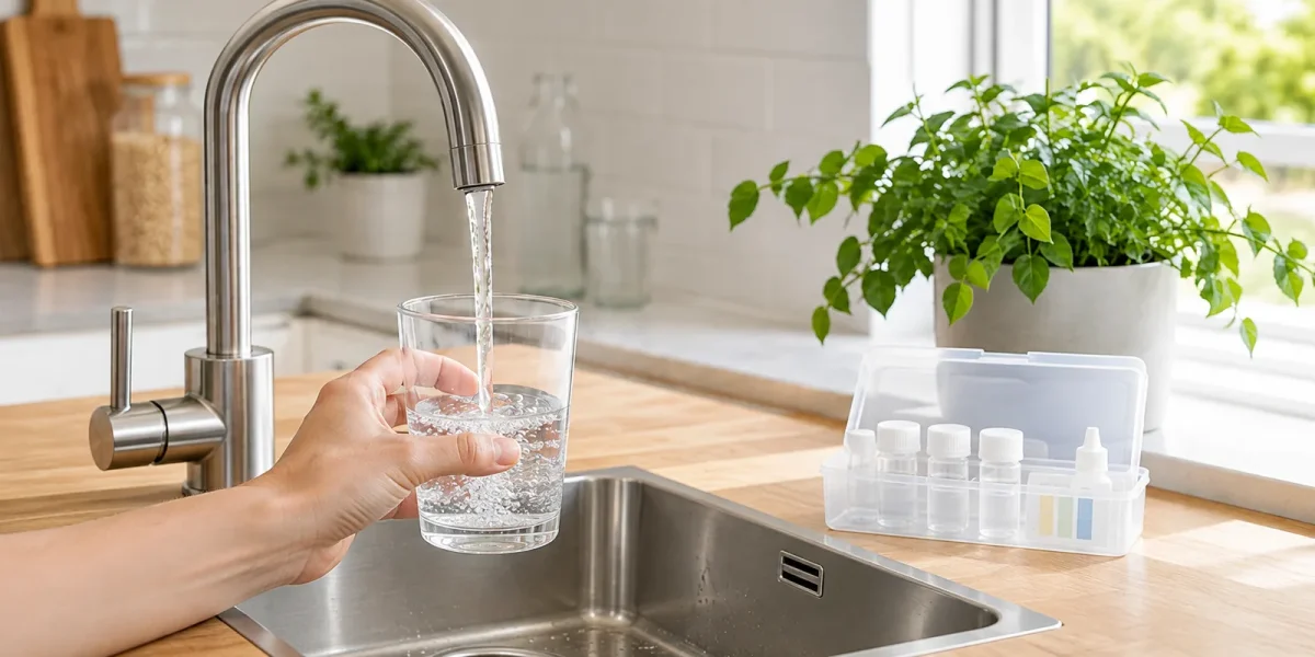 Mano che riempie un bicchiere d'acqua dal rubinetto accanto a un kit di analisi
