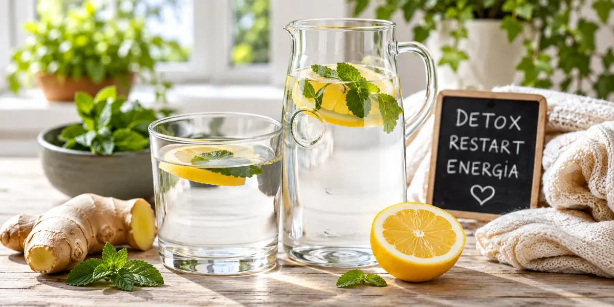 Bicchiere e caraffa d'acqua con limone e menta accanto allo zenzero e a una lavagnetta