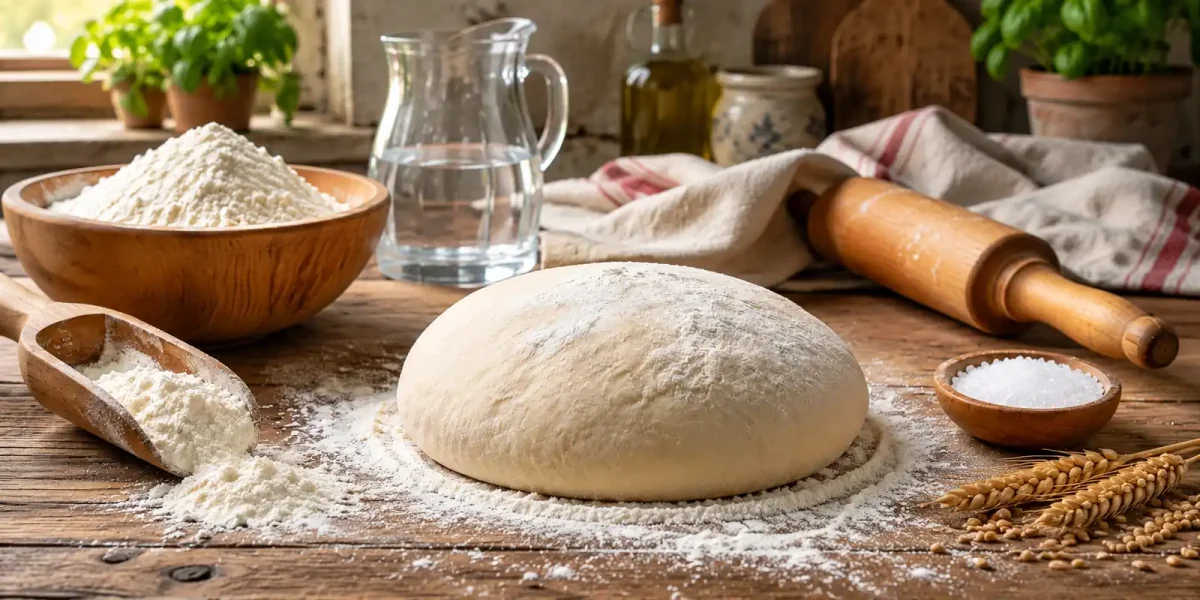 Impasto di acqua e farina su un tavolo di legno con farina, sale e mattarello