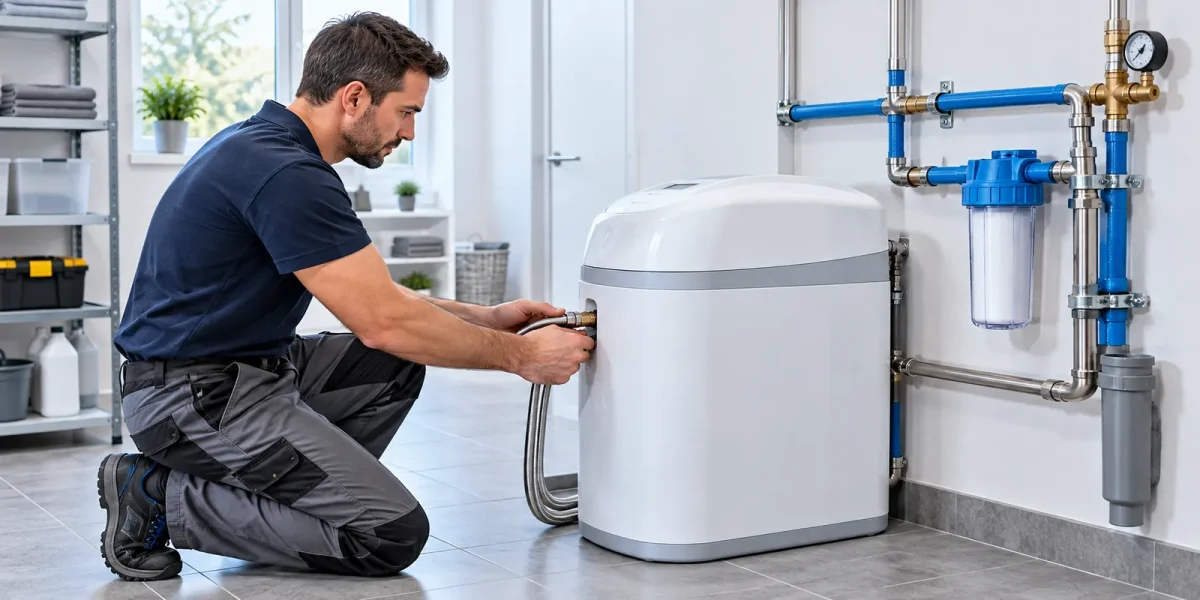 Tecnico che installa un addolcitore d'acqua collegandolo all'impianto di casa