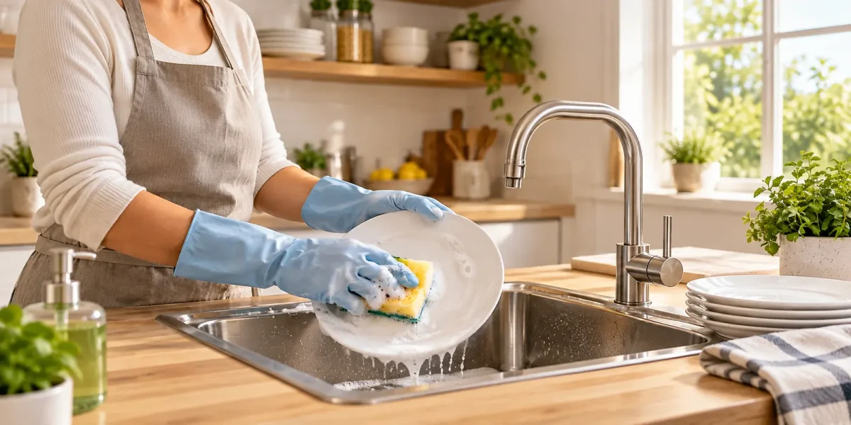 Mani con guanti che lavano un piatto con la spugna nel lavello