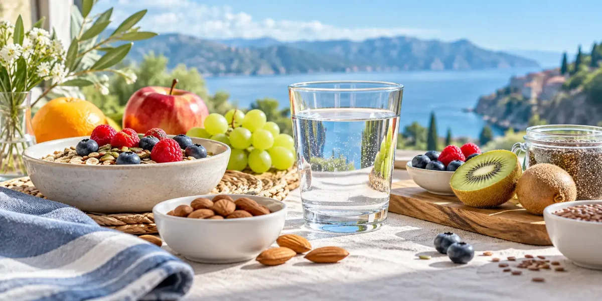 Bicchiere d’acqua con frutta fresca sul tavolo