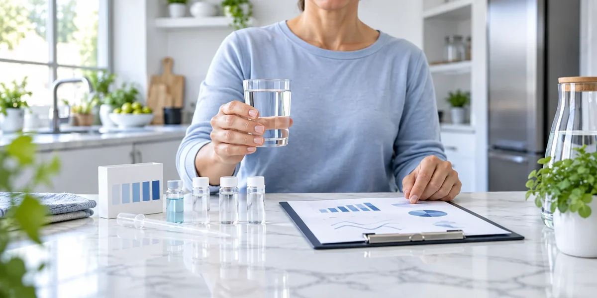 Donna che osserva un bicchiere d'acqua accanto a un kit di analisi e al referto dei parametri