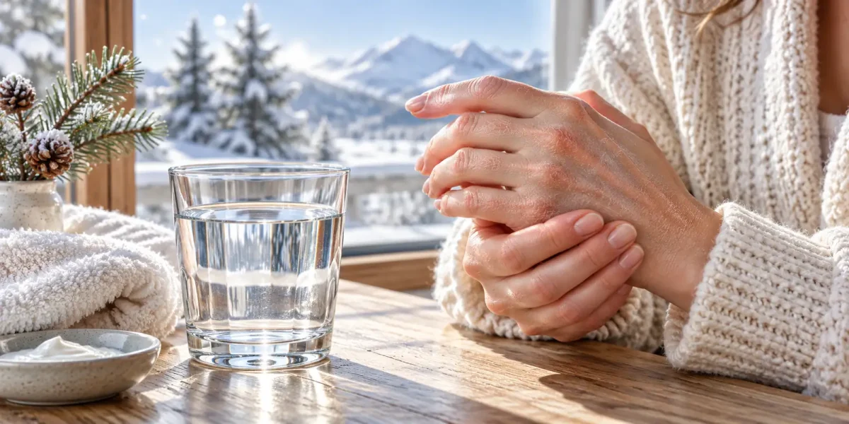 Mani con pelle secca accanto a un bicchiere d’acqua in inverno