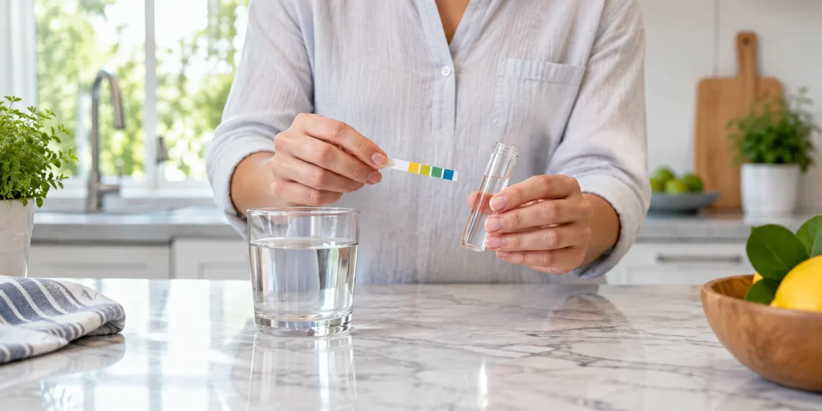 Mani che misurano il pH dell'acqua con una striscia reattiva accanto a un bicchiere