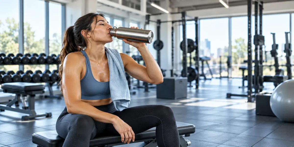 Donna che beve dalla borraccia durante una pausa dell'allenamento in palestra
