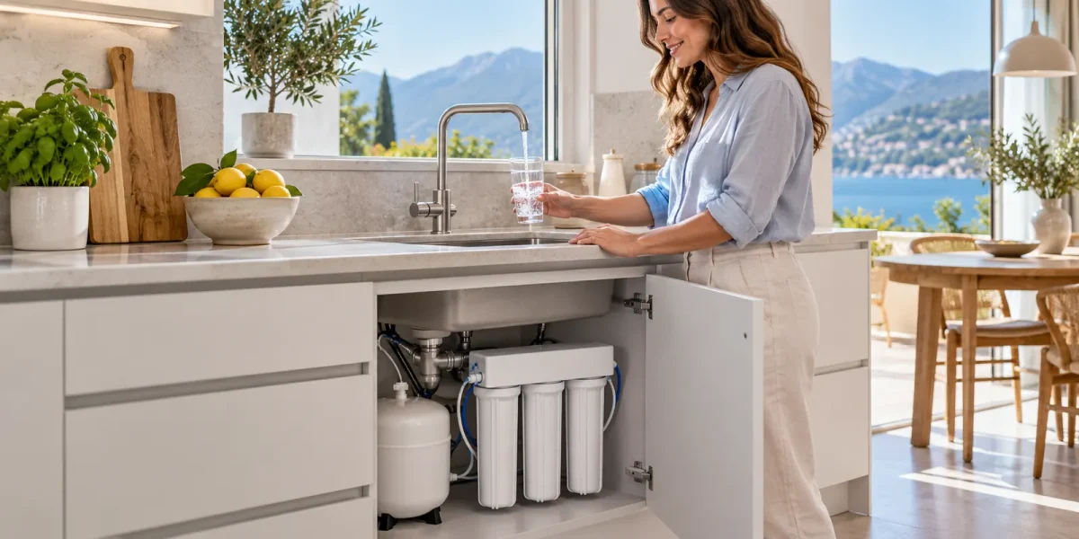 Donna in cucina accanto al rubinetto con un bicchiere d’acqua